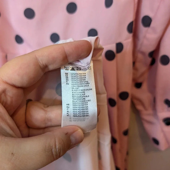 Polka Dot Dress Ascot Neck Tie Bow Pink Black Full Button Down Midi Length Small - Picture 8 of 13